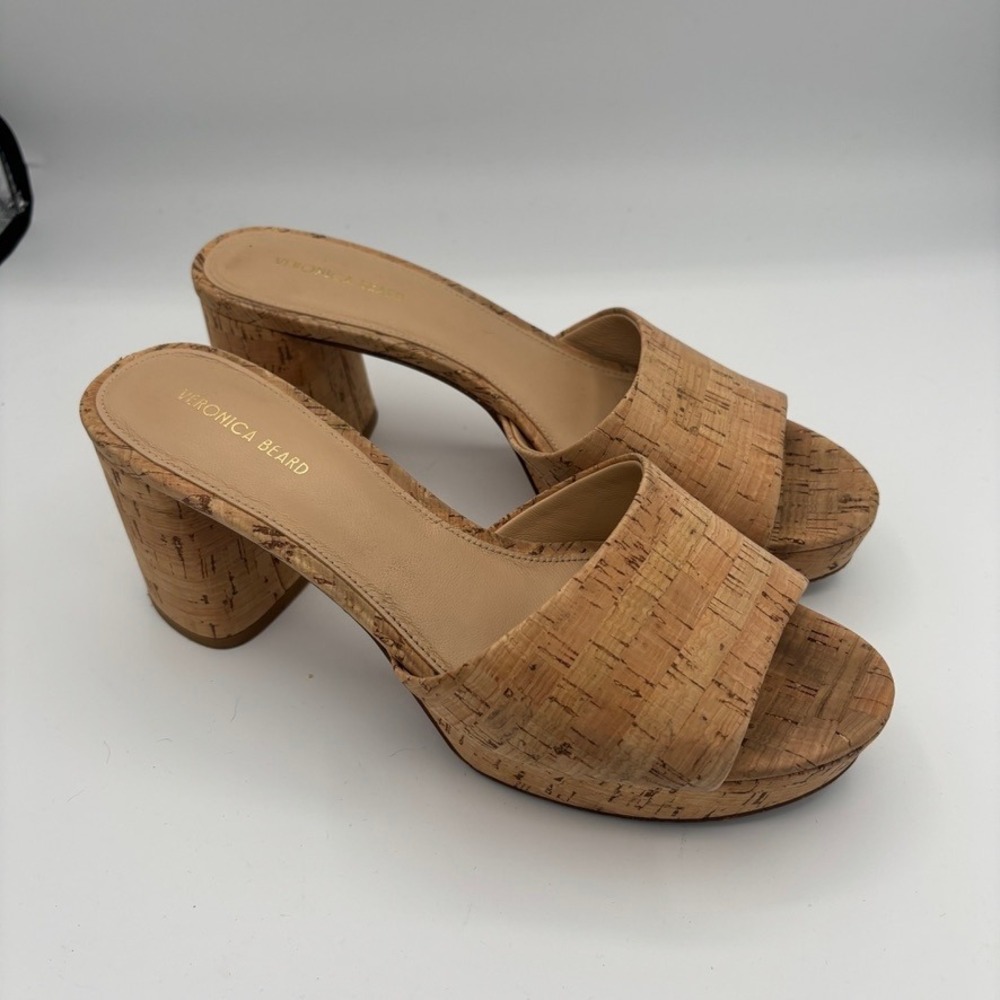 Veronica Beard Cork Platform Slides Women Sz 9 Tan Block Heel Sandals